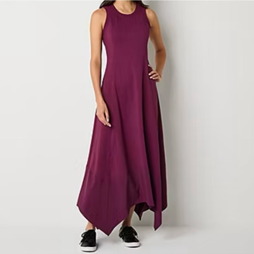STYLUS Burgundy Sleeveless  Asymmetrical Flare Hem Athleisure Maxi Dress Size XS